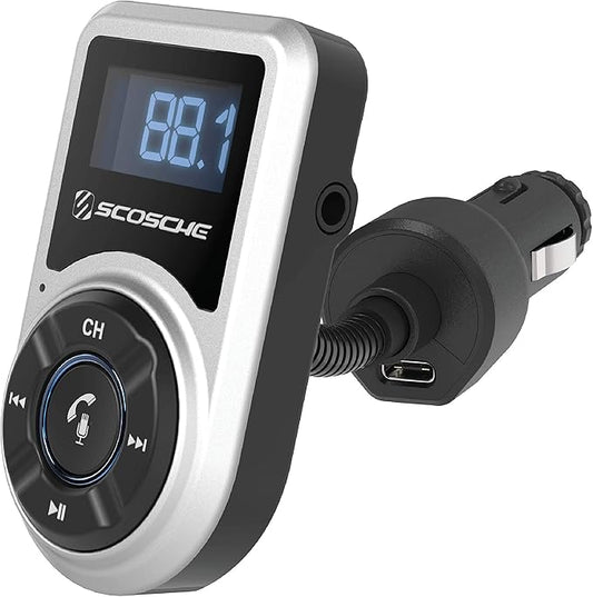 Scosche BTFMPD Universal Bluetooth Handsfree Car Kit with FM Transmitter and 18-Watt USB Car Charger, Silver