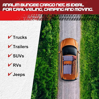 ANALIM Cargo Net for Pickup Truck Bed, 4' x 6' Stretches to 8' x 12' Heavy Duty Bungee Cargo Net with 12 Pcs Metal Carabiner Clips, Tie-Down Mesh Cord Net for Trailer Luggage