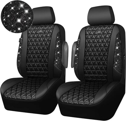 CAR PASS Bling Diamond Leather Car Seat Covers 2 Front Seats Interior Sets, Waterproof Shining Glitter Sparkly Crystal Universal Armrest Fit Automotive Truck SUV Cute Women Girl, Black PU Rhinestone