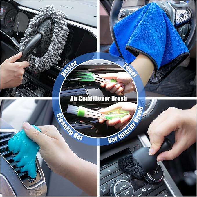Car Cleaning Kit, Car Vacuum Interior Detailing Cleaner Kit with High Power Handheld Vacuum, Brush Set, Windshield Tool, Duster, Towels, Complete Car Care Tools for Women (Blue)