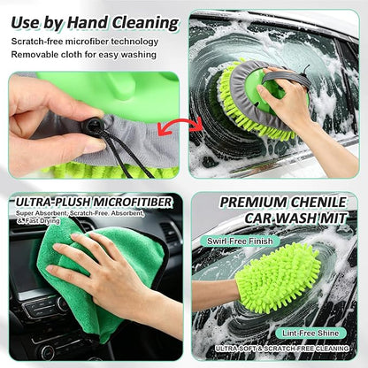 BBTO 12ft Car & RV Wash Brush Kit with Long Extendable Handle RV Car Truck Wash Kit with Hardness Brush Adjustable Chenille Mop Sponge Squeegee Tire Brushes Micro Fiber Towels Chenille Mitt for SUV