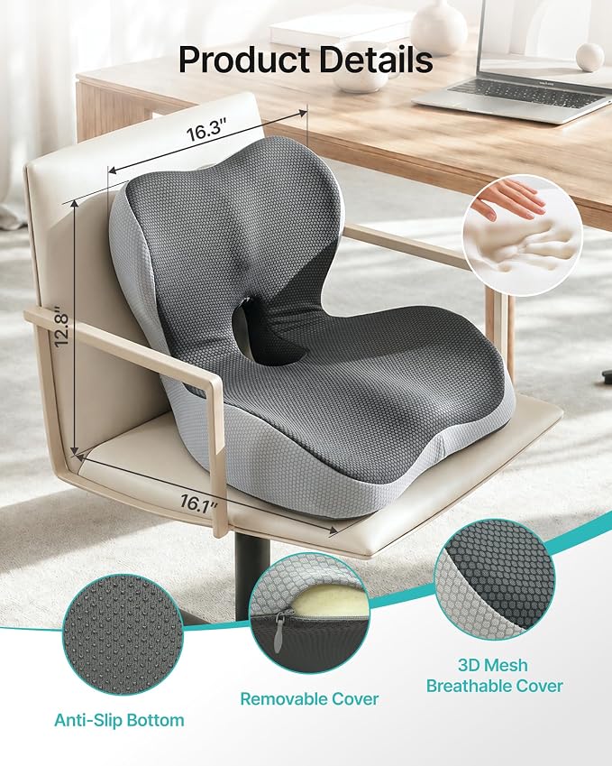 PEGZONE Seat Cushion & Ergonomic Lumbar Support Pillow Memory Foam Cushion for Office Chair, Car, Wheelchair – Orthopedic Pain Relief Cushion for Back, Sciatica, Tailbone, Butt - Gray