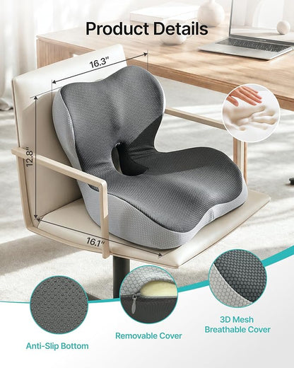 PEGZONE Seat Cushion & Ergonomic Lumbar Support Pillow Memory Foam Cushion for Office Chair, Car, Wheelchair – Orthopedic Pain Relief Cushion for Back, Sciatica, Tailbone, Butt - Gray