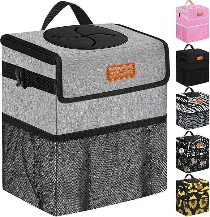 ELONGRIVER Car Trash Can Bin for Back Seat Leak Proof, Cute Car Trash Bag Hanging, Vehicle Trash Can for SUV Truck Van, Automotive Garbage Cans Front Seat Grey