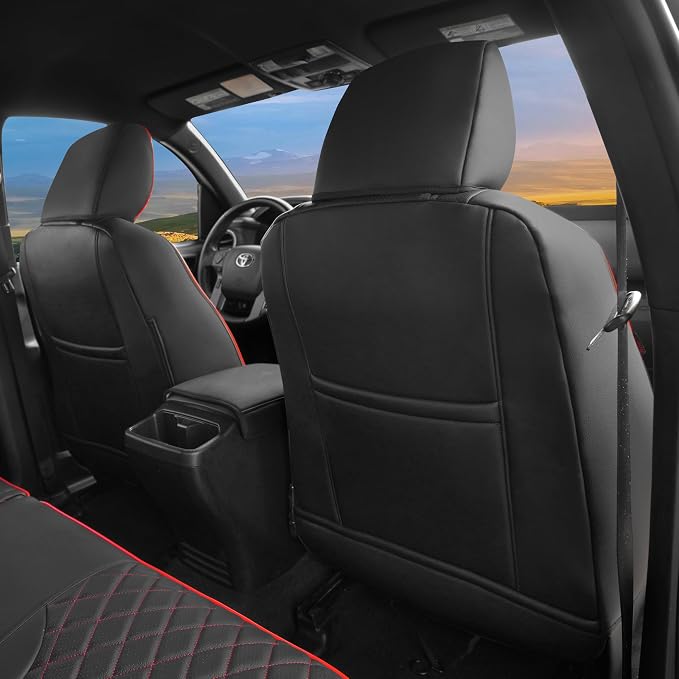 Lolcar Custom Fit Tacoma Car Seat Covers for Select Toyota Tacoma 2016 2017 2018 2019 2020 2021 2022 2023 Double Cab/Crew Cab -Full Set,Leather (Red Grid)