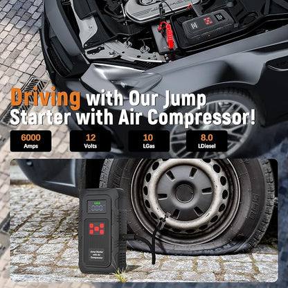 6000A Jump Starter with Air Compressor, Portable Car Battery Jump Starter with 150 PSI Tire Inflator for Up to 10.0L Gas and 8.0L Diesel Engines, 12V Jump Box with LCD Display
