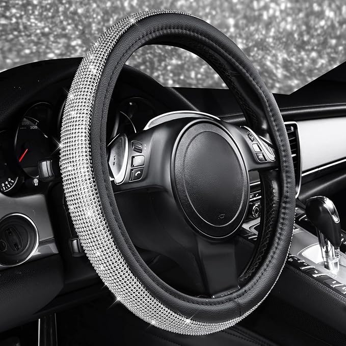 CAR PASS Bling Diamond Leather Steering Wheel Cover, with Bling Sparkly Crystal Glitter Rhinestones Universal Fit 14.5in-15in Car Wheel Protector for Women Girl Fit Suvs,Vans,Sedans,Car,Trucks, Silver
