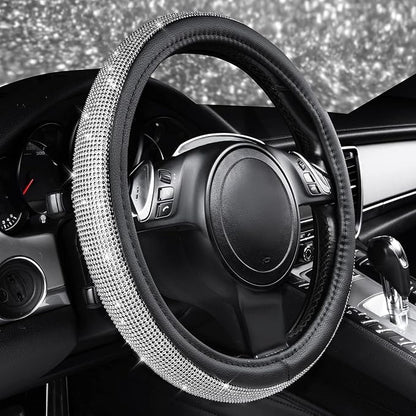 CAR PASS Bling Diamond Leather Steering Wheel Cover, with Bling Sparkly Crystal Glitter Rhinestones Universal Fit 14.5in-15in Car Wheel Protector for Women Girl Fit Suvs,Vans,Sedans,Car,Trucks, Silver