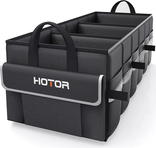 HOTOR Trunk Organizer - Car Organizer with 5 Pockets, Trunk organizer for SUV, Sedan & Van, Car Organization with Sturdy Base Panel for Car Accessories, Black, 3 Compartments, 31.89"×12.6"×10.6"