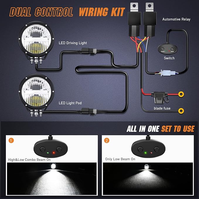 Nilight 7 Inch Round Offroad Lights 2 PCS 120 W High Low Beam IP68 LED Driving Pods Built-in EMC with 14AWG DT Connector Wiring Harness Kit for Truck ATV UTV SUV