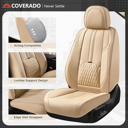 Coverado Seat Covers for Cars, 5 Seat Waterproof Seat Cover with Lumbar Support, Front and Rear Seat Covers, Luxury Leather Car Seat Protectors, Car Seat Cushions Universal Fit for Most Cars (Beige)