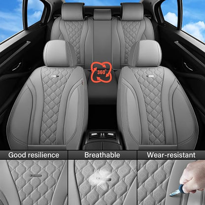 Coverado Leather Seat Covers, Car Seat Covers Full Set, Perforated Diamond Leather Car Seat Cover, Waterproof Car Seat Protector Seat Cushion, Universal 5 Seats Seat Cover Fit for Most Cars, Gray