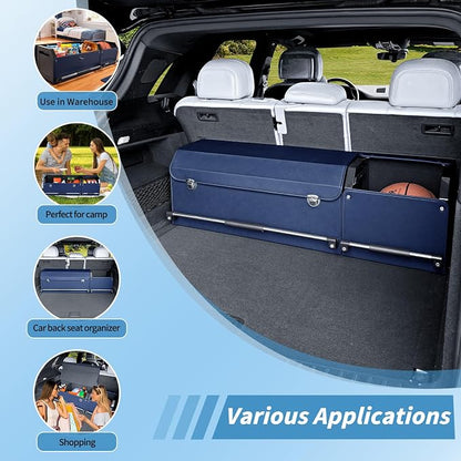 Car Trunk Organizer, Leather Trunk Organizer for SUV with Lid and Sturdy Handle Collapsible Adjustable Storage (Blue, 41 x 11.4 x 12.2in)