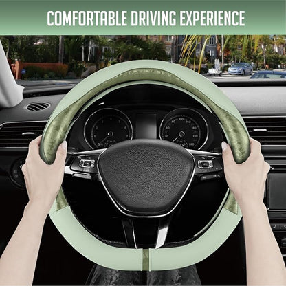 PIC AUTO Steering Wheel Cover, Green Patterned Leather Patchwork Design, Universal Fit 14.5"–15.5" D-Shape Steering Cover, Soft PU Grain Leather, Durable Grip Car Accessory for Girls & Women