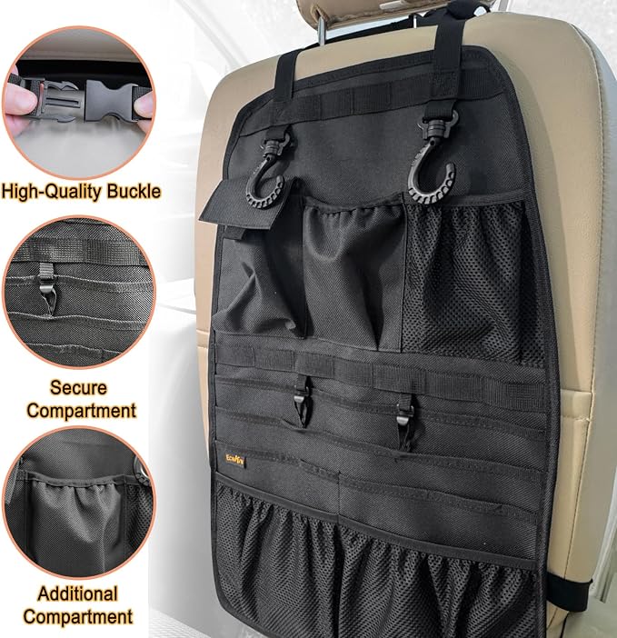 ECWKVN Car Seat Back Organizer, Heavy Duty Back Seat Organizer with Multiple Storage Pockets, Work Truck & SUV Seat Back Storage Bag for Tools, Tablet, Bottles & Essentials – Universal Fit