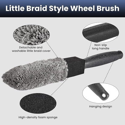 3Pcs Wheel Brush, Tire Brush with Little Braid Bristles Design, Durable Rim Brush & Car Wheel Brushes, Car Detailing Brush for Cars, Trucks, RVs, Motorcycles, Room, Corner