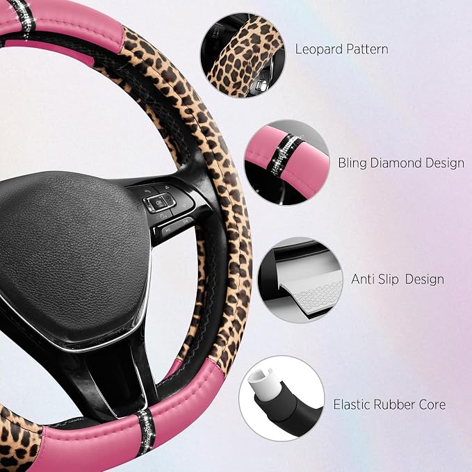 Road Comforts Leopard Steering Wheel Cover for Women, Cute Anti-Slip Microfiber Leather, Fits D Shape Flat Bottom Steering Wheel 14.5-15 Inch - Pink