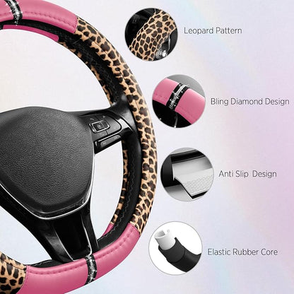 Road Comforts Leopard Steering Wheel Cover for Women, Cute Anti-Slip Microfiber Leather, Fits D Shape Flat Bottom Steering Wheel 14.5-15 Inch - Pink