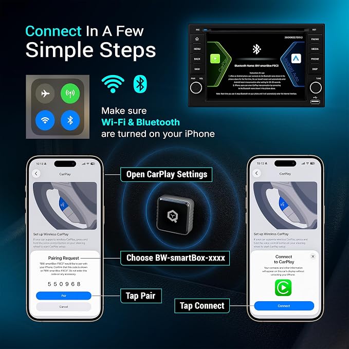 WL1 Wireless CarPlay Adapter for iPhone | For factory wired CarPlay cars; iPhone 6+ / iOS 12+; auto reconnect; includes USB-C converter