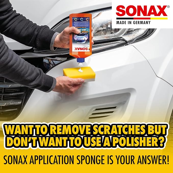 SONAX Application Sponge 417300 | Dual-Sided Detailing Applicator for Wax, Sealant, Polish & Tire Gel | Durable Foam with Ergonomic Grip | Ideal for Paint, Trim, Rubber & Plastics | 4” x 5”