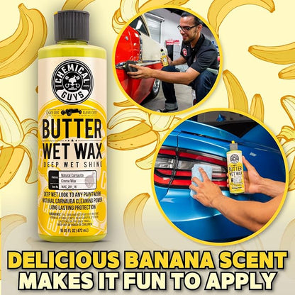Chemical Guys Butter Wet Wax - Deep Wet Shine Car Wax for Cars, Trucks, SUVs, RVs, and More, Easy On/Off Liquid Formula, Banana Scent - 16 fl oz
