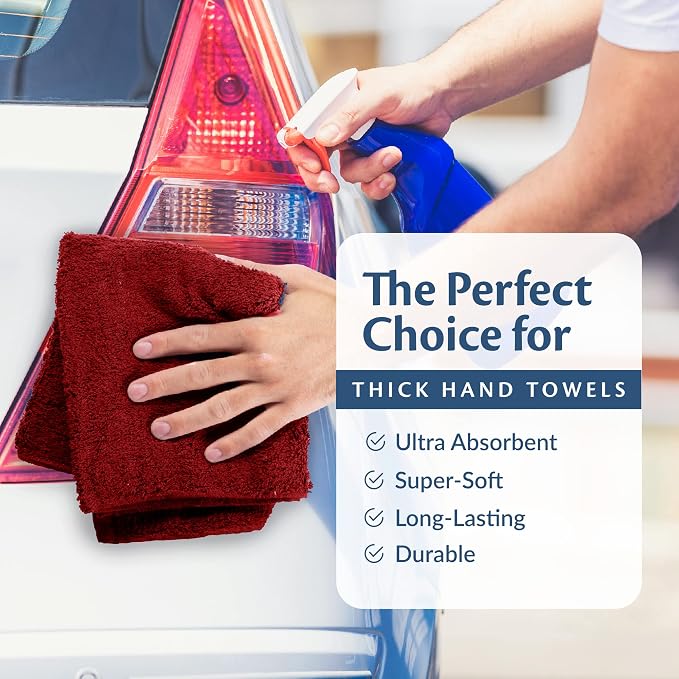 Cotton Towels for Multiple Use, 100% Ring Spun Cotton Towel Set, Heavy Duty - Super Absorbent Cleaning Towels for Car and Home - 16” X 27” (12 Pack, Burgundy)