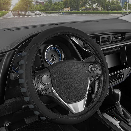 Motor Trend FlexGrip Steering Wheel Cover for Cars – Standard 15 inch Car Steering Wheel Cover, Black and Charcoal Gray Steering Wheel Protector for Auto Truck Van SUV