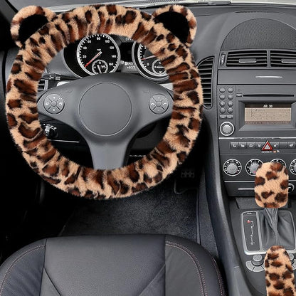 Accmor Fluffy Car Steering Wheel Cover, Leopard Fuzzy Vehicle Wheel Cover for Women Non-Slip Furry Warm Steering Wheel Protector with Cute Ears, Car Accessories 15 inch Universal Fit Auto, Suvs, Truck