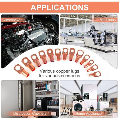 Copper Wire Lugs,Terminal Connectors,Used on AWG12 10 8 6 4 2 Cable,Heat Shrink Set,Bare Copper Eyelets,Ring Terminals Connectors,120Pcs Battery Cable Lugs Ends and 140Pcs Heat Shrink Tubing (260PCS)