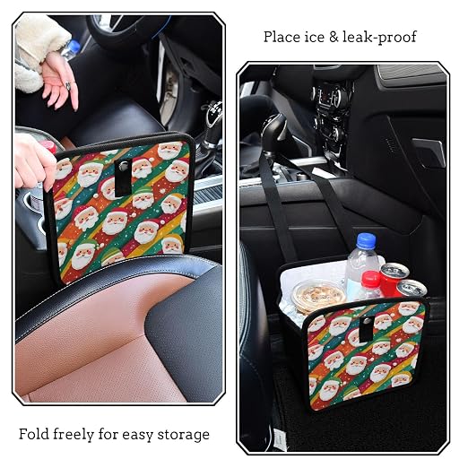 Car Trash Can Organizer Bin with Adjustable Strap for Back Front Seat Console Waterproof Leakproof Collapsible Portable 11 Inch Colorful Diagonal Striped Santa Claus