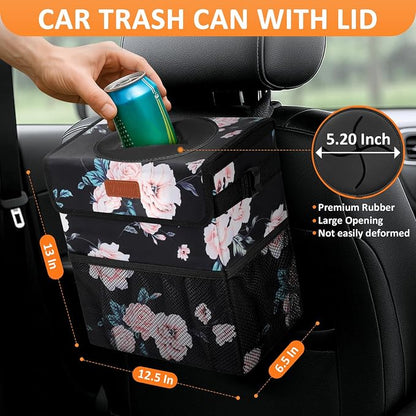 Vankor 4.2 Gallons Car Trash Can with Lid, Bag Bin Hanging Waterproof Automotive Car Garbage Cans Leak Proof Vehicle Trash Can for Truck SUV,Black Floral