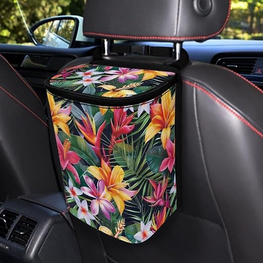 Talayituse Tropical Hiiscus Plumeria Print Car Trash Can with Lid, Leak Proof Auto Trash Bag Hanging Vehicle Garbage Can Multipurpose Storage Container for Back Seat Road Trip