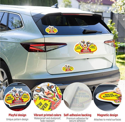 3 Pcs Reflective Student Driver Magnet and Stickers Set - Funny Animal New Driver Safety Signs for Car, Waterproof & Weatherproof High Visibility Vehicle Bumper Decals, Magnet + Stickers (Cow)