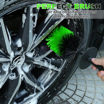 TAKAVU Master Wheel & Tire Brush, Easy Reach Rim Detailing Brush, Multipurpose Use for Wheels, Rims, Exhaust Tips, Motorcycles (Green)