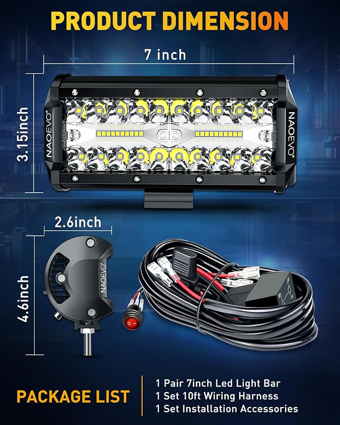 NAOEVO 7 Inch LED Light Bar, 240W 24,000LM Offroad Fog/Driving Lights LED Pods with 2 Leads Wiring Harness Kit, Spot Flood Combo Beam, Work for Truck Boat UTV ATV, 2-Pack (White)