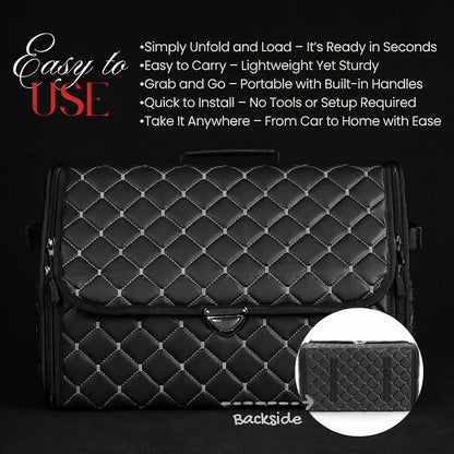 Leather Trunk Organizer with Lid for Suv and more, Foldable Car Organizer, Car Organizers and Storage with Pockets, Non-Slip Design (White-Black)