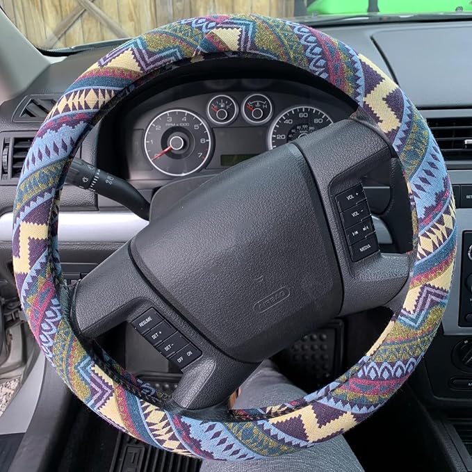 Boho Steering Wheel Cover for Women Men Baja Blanket Enthic Car Steering Wheel Cover Ethnic Car SUV Wheel Protector, Breathable, Anti-Slip, Odorless, Universal Fit 14.5-15 Inch