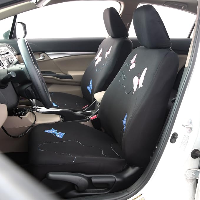 FH Group Car Seat Covers Butterfly Embroidered Seat Covers Front Set with Gift - Universal Fit for Cars, Trucks & SUVs (Black) FB055115