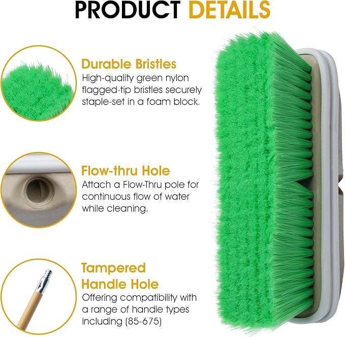 Nanoskin Premium 10-Inch Green Nylon Fountain Vehicle Wash Brush with Flagged-Tip Bristles, Flow-Thru Hole & Tempered Handle Hole, Car/Truck/RV Detailing | Cleaning Tool for Professional and Home Use