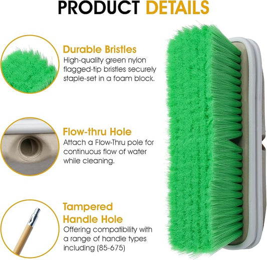 Nanoskin Premium 10-Inch Green Nylon Fountain Vehicle Wash Brush with Flagged-Tip Bristles, Flow-Thru Hole & Tempered Handle Hole, Car/Truck/RV Detailing | Cleaning Tool for Professional and Home Use