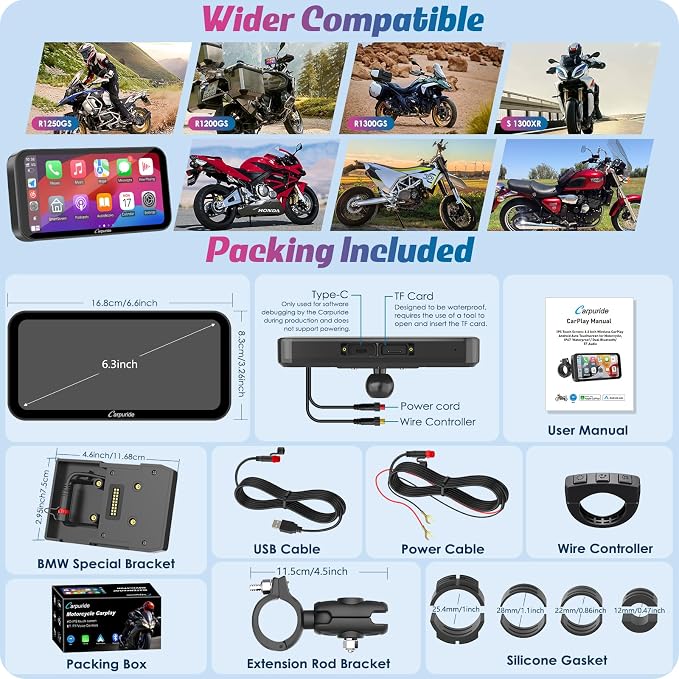 Carpuride W603B Motorcycle Carplay Screen for BMW R1200GS R1250GS S1000XR Motorcycle, 6.3 inch Waterproof Touchscreen, Portable Carplay/Android Auto GPS Navigation for Motorbike