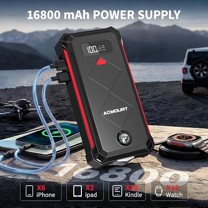 Acmount P100 Car Jump Starter, 5000A Peak Lithium Jump Starter Battery Pack for Up to 10.0L Gas or 8.0L Diesel Engine, Safe 12V Portable Battery Starter Power Pack with LED Screen & LED Light