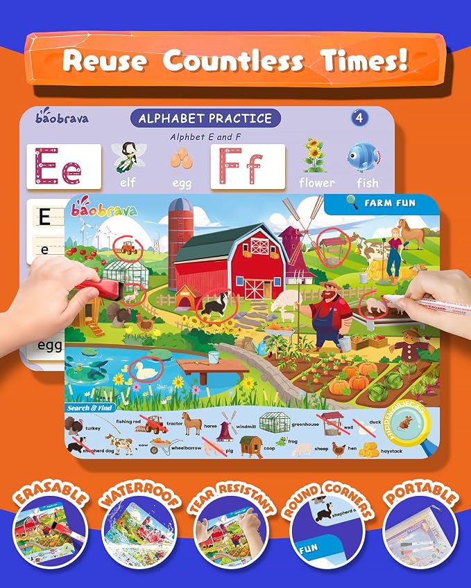 Baobrava Search and Find Book and Handwriting Practice Books Set, More Than 50+ Preschool Learning Activities for Toddler and Kids 3-8, Travel Games for Road Trip Car Airplane
