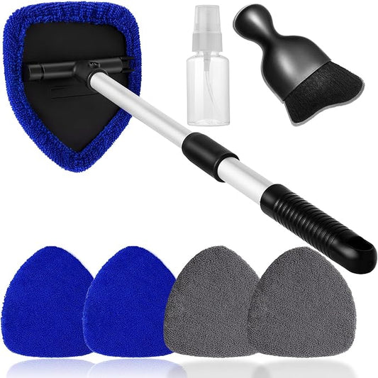 Qydipclin 7pcs Windshield Cleaner Tool Car Window Cleaning Wash Kit with 4 Reusable Microfiber Pads 1 Spray Bottle and Extendable Handle Auto Glass Wiper Kit, Blue&Gray