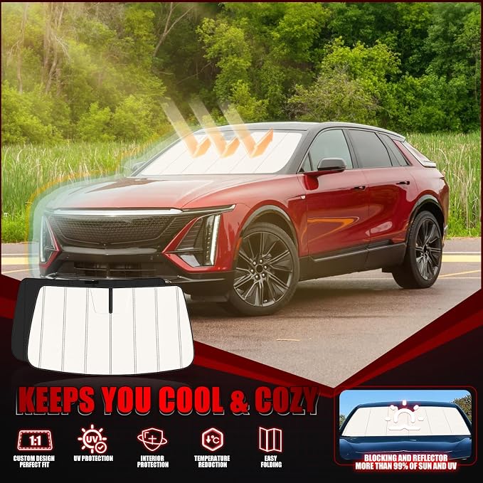 Windshield Sun Shade for Cadillac Lyriq Electric 2023-2026, Front Window Visor Accessories, Folding Design Blocks Heat & UV Rays Maintain Cool Interior and Save Space