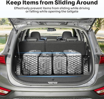 Canvcle Trunk Cargo Net for 2019-2025 2026 Hyun-dai Santa Fe Accessories Envelope Style Mesh Trunk Net Organizer and Storage Stretchable Adjustable Elastic Nylon Rear Cargo Netting with Hooks