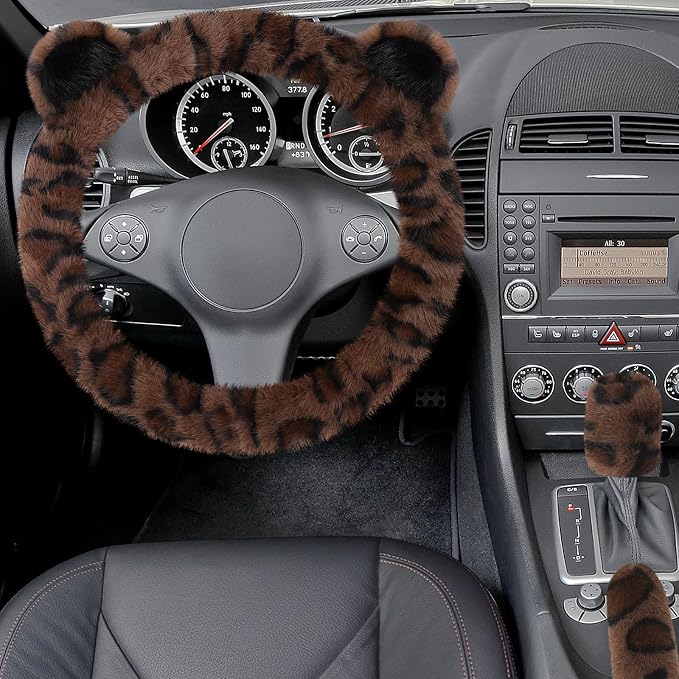 Accmor Fuzzy Car Steering Wheel Cover, Warm Fluffy Leopard Steering Wheel Cover with Cute Ears, Soft Plush Furry Car Accessories Decor for Women, Non-Slip Universal 15 inch Fit Vehicle, Truck, SUVs