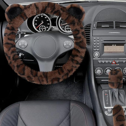 Accmor Fuzzy Car Steering Wheel Cover, Warm Fluffy Leopard Steering Wheel Cover with Cute Ears, Soft Plush Furry Car Accessories Decor for Women, Non-Slip Universal 15 inch Fit Vehicle, Truck, SUVs
