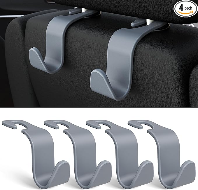 Amooca Car Seat Headrest Hook 4 Pack Hanger Universal Vehicle Car Storage Organizer for Handbag Purse Coat S Type Grey