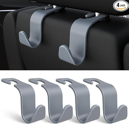 Amooca Car Seat Headrest Hook 4 Pack Hanger Universal Vehicle Car Storage Organizer for Handbag Purse Coat S Type Grey